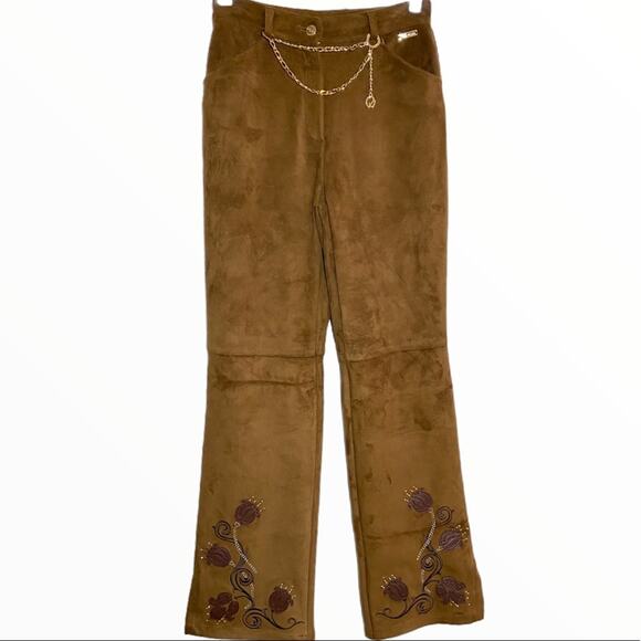 Vintage St. John Sport Faux Suede Pants y2k Slit Chain Floral Embroidery Tan 2 - Picture 1 of 6